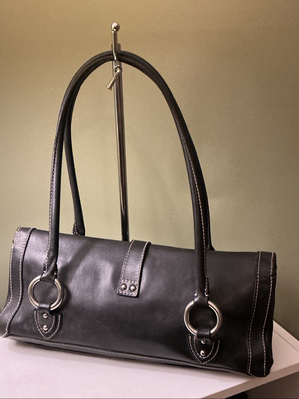 Marc Jacobs Vintage Black Leather Double-Handle Shoulder Bag Pink Stitching - Picture 5 of 13
